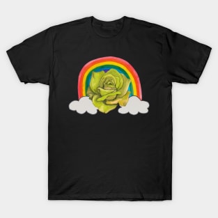 Yellow rose with rainbow and clouds T-Shirt